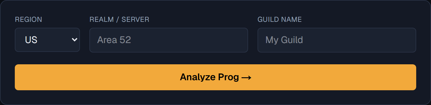 The home page search: region, realm, and guild name fields
